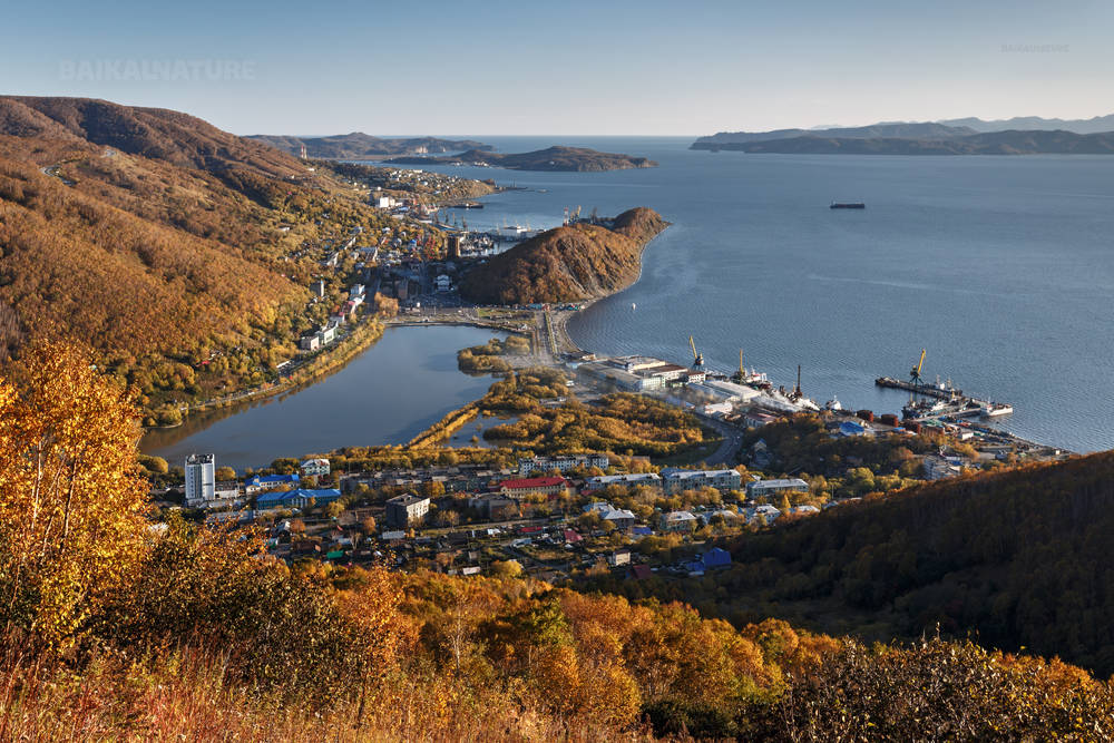 Живописный вид с высоты на Петропавловск-Камчатский и Авачинскую бухту осенью. Камчатка.